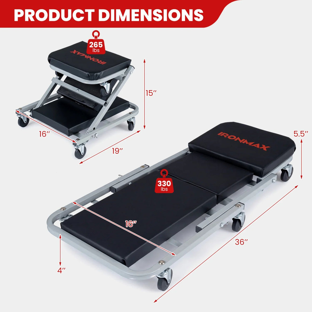 36 inches 2-in-1 Mechanic Creeper and Z-Seat with 6 Swivel Casters-Black view 4