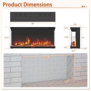 36/40/50/60 Inch Wide 3-Sided Electric Fireplace Insert with Remote Control and 12 Flame Colors-36 Inch view 5