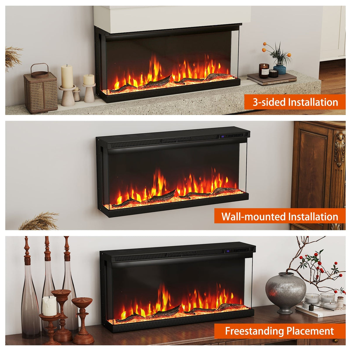 36/40/50/60 Inch Wide 3-Sided Electric Fireplace Insert with Remote Control and 12 Flame Colors-36 Inch view 8