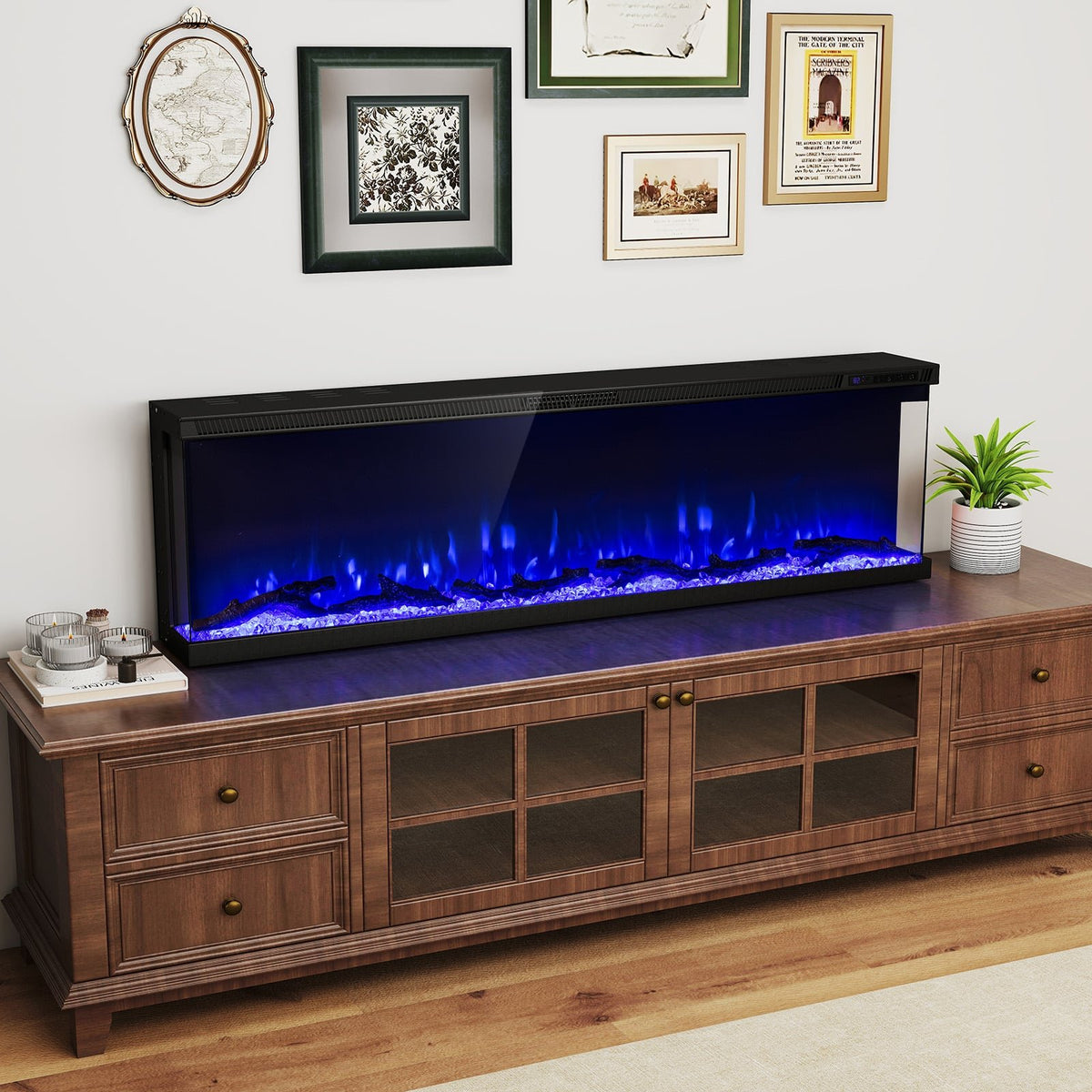 36/40/50/60 Inch Wide 3-Sided Electric Fireplace Insert with Remote Control and 12 Flame Colors-60 inch view 3