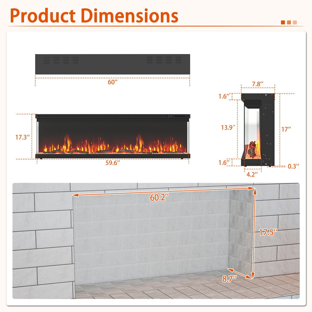 36/40/50/60 Inch Wide 3-Sided Electric Fireplace Insert with Remote Control and 12 Flame Colors-60 inch view 5