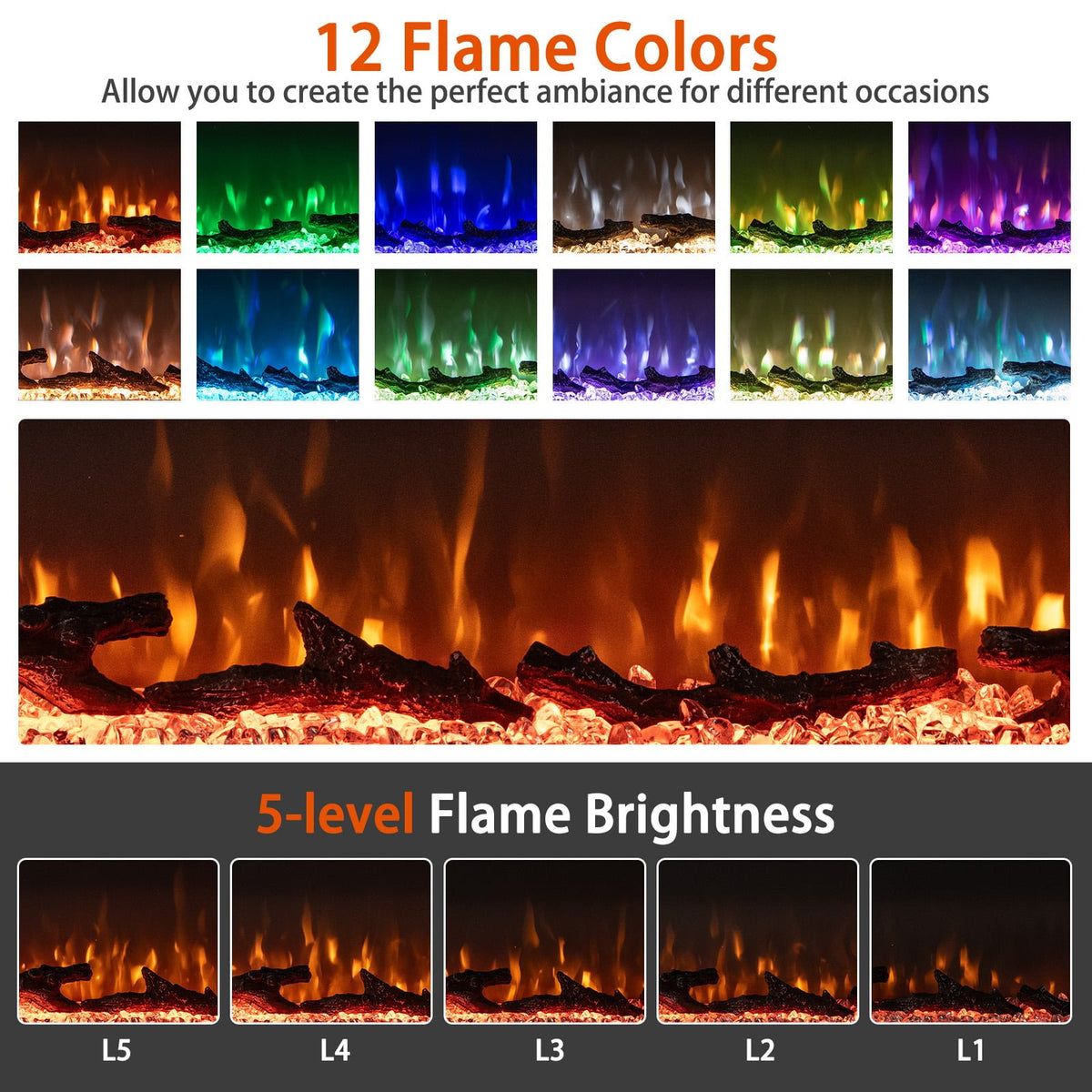 36/40/50/60 Inch Wide 3-Sided Electric Fireplace Insert with Remote Control and 12 Flame Colors-60 inch view 8