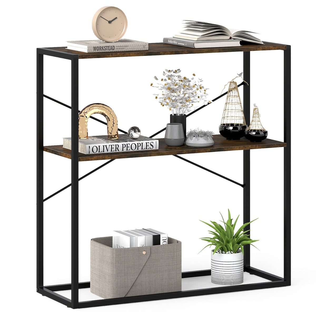 36 inches Console Table 2-Tier Entryway Table with Wooden Open Shelves and Metal Frame-Rustic Brown