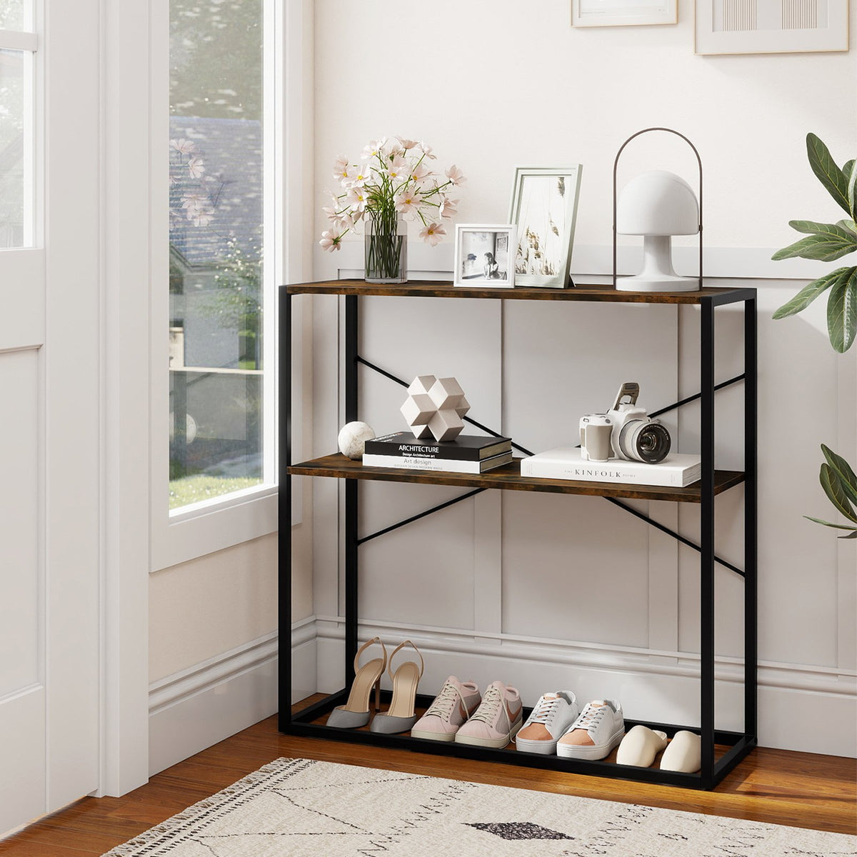 36 inches Console Table 2-Tier Entryway Table with Wooden Open Shelves and Metal Frame-Rustic Brown view 3