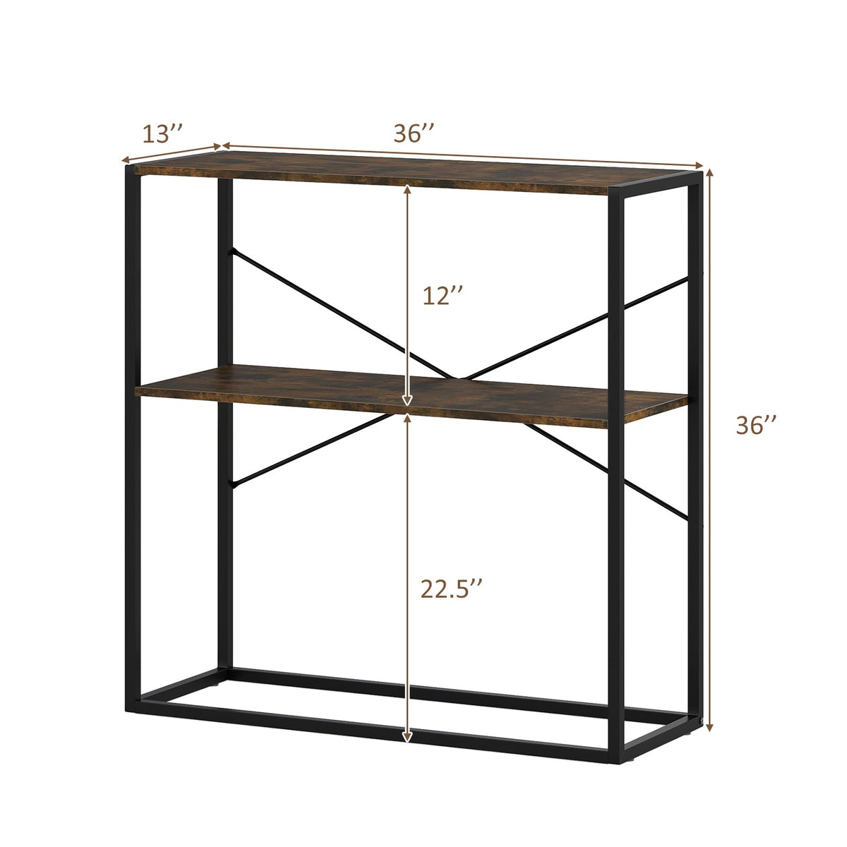 36 inches Console Table 2-Tier Entryway Table with Wooden Open Shelves and Metal Frame-Rustic Brown view 5