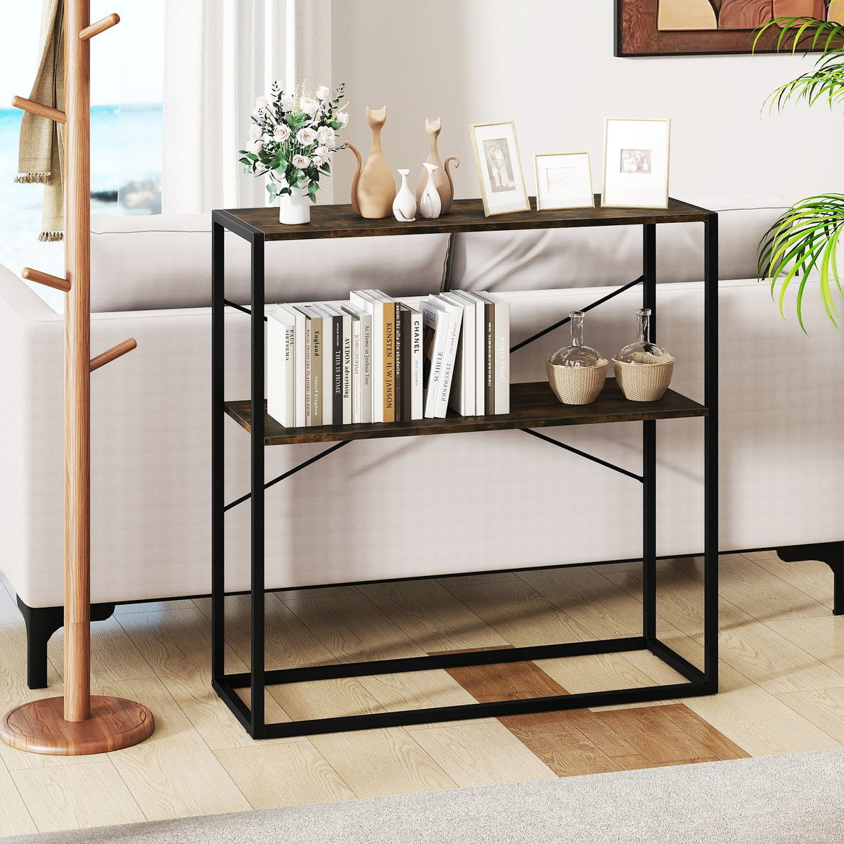 36 inches Console Table 2-Tier Entryway Table with Wooden Open Shelves and Metal Frame-Rustic Brown view 6