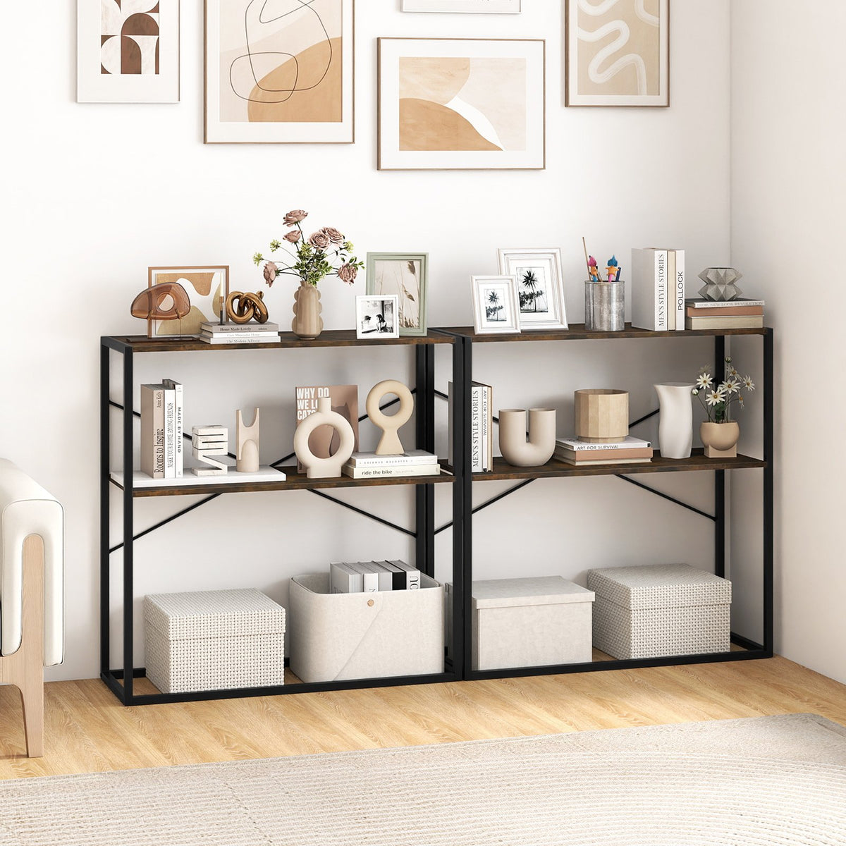 36 inches Console Table 2-Tier Entryway Table with Wooden Open Shelves and Metal Frame-Rustic Brown view 7