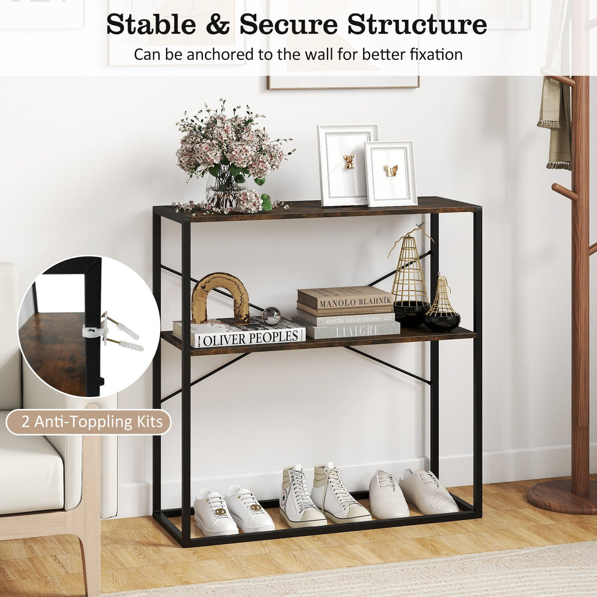 36 inches Console Table 2-Tier Entryway Table with Wooden Open Shelves and Metal Frame-Rustic Brown view 9