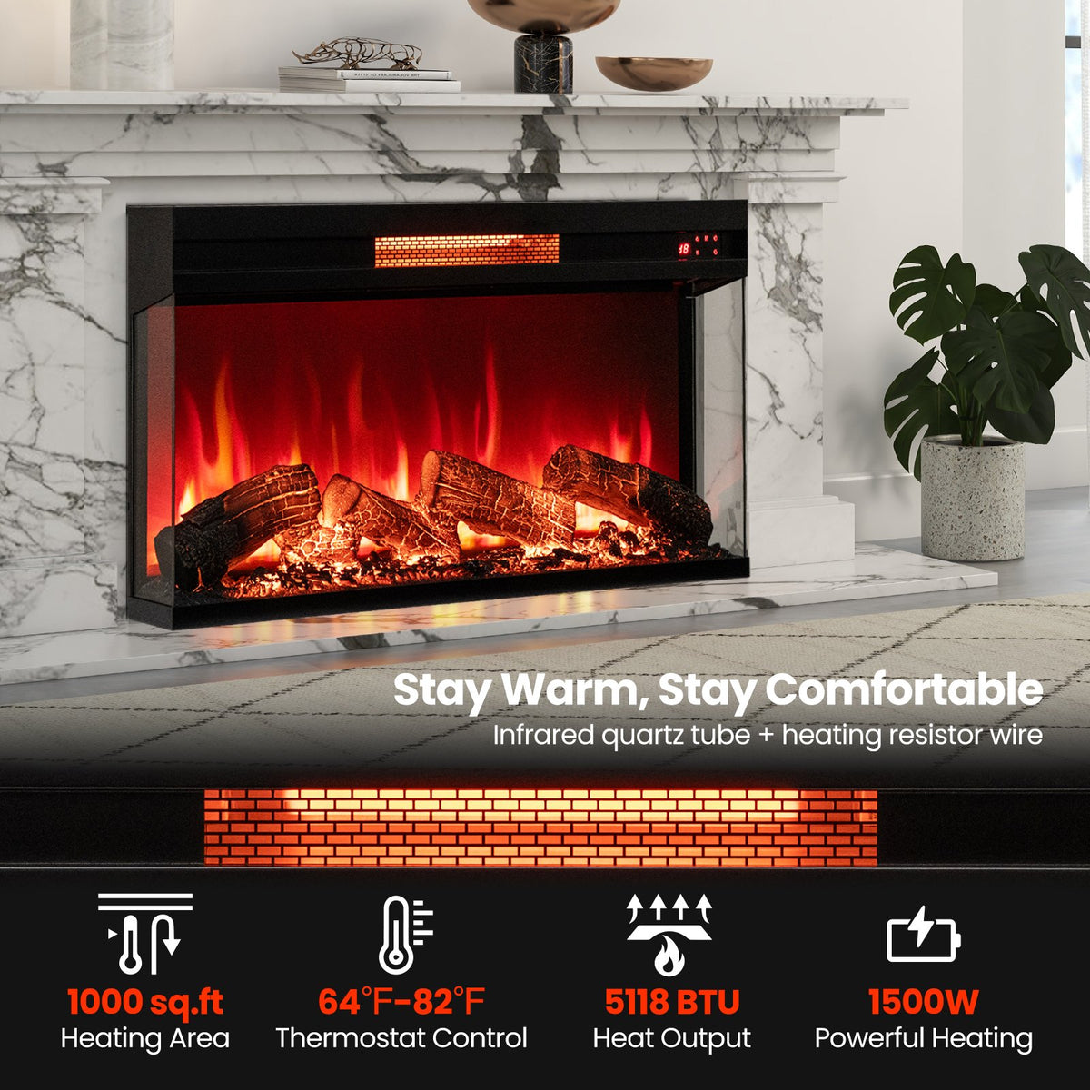 36 Inch 3-Sided 1500W Electric Fireplace with 7-Color Flame-Black view 7