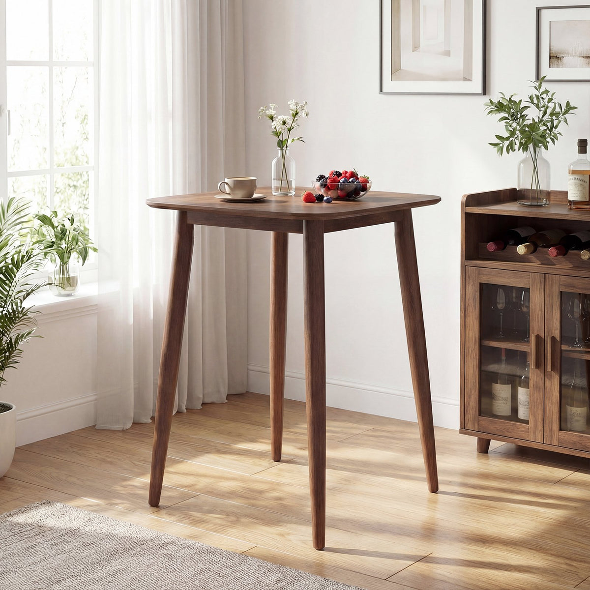 36 Inch Counter Height Bar Table Wooden High Top Pub Table with Solid Rubber Wood Legs-Walnut view 2