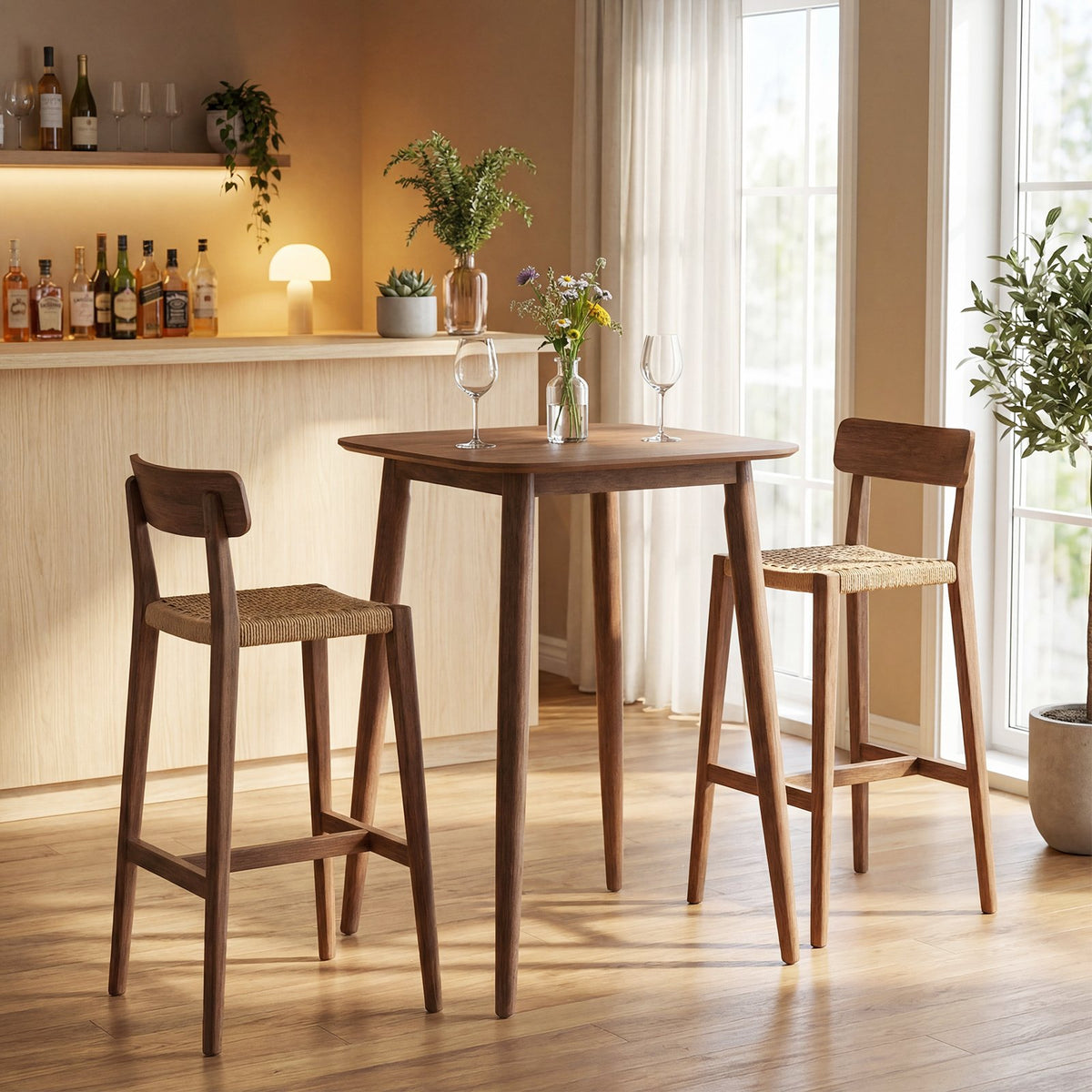 36 Inch Counter Height Bar Table Wooden High Top Pub Table with Solid Rubber Wood Legs-Walnut view 3