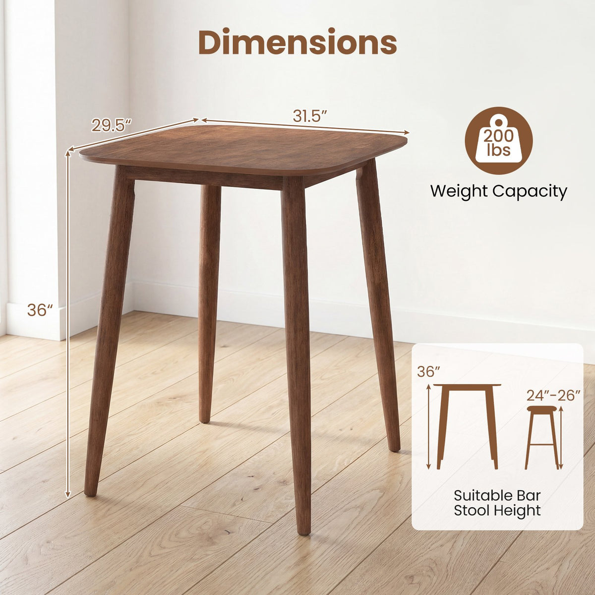 36 Inch Counter Height Bar Table Wooden High Top Pub Table with Solid Rubber Wood Legs-Walnut view 5