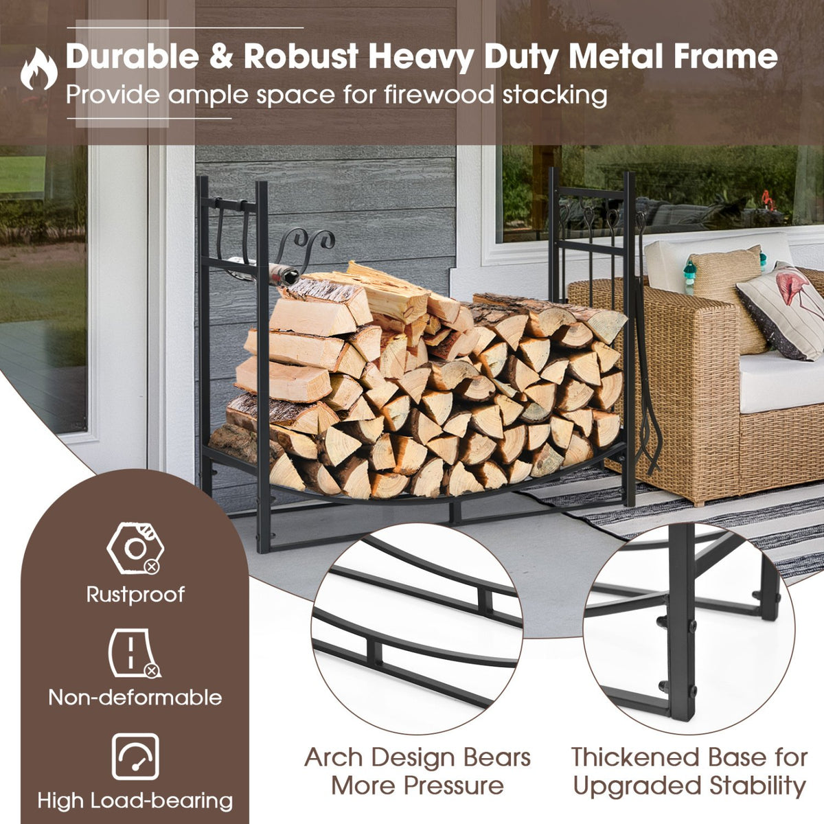 36 Inch Fireplace Log Holder with Kindling Holders and Shovel view 3