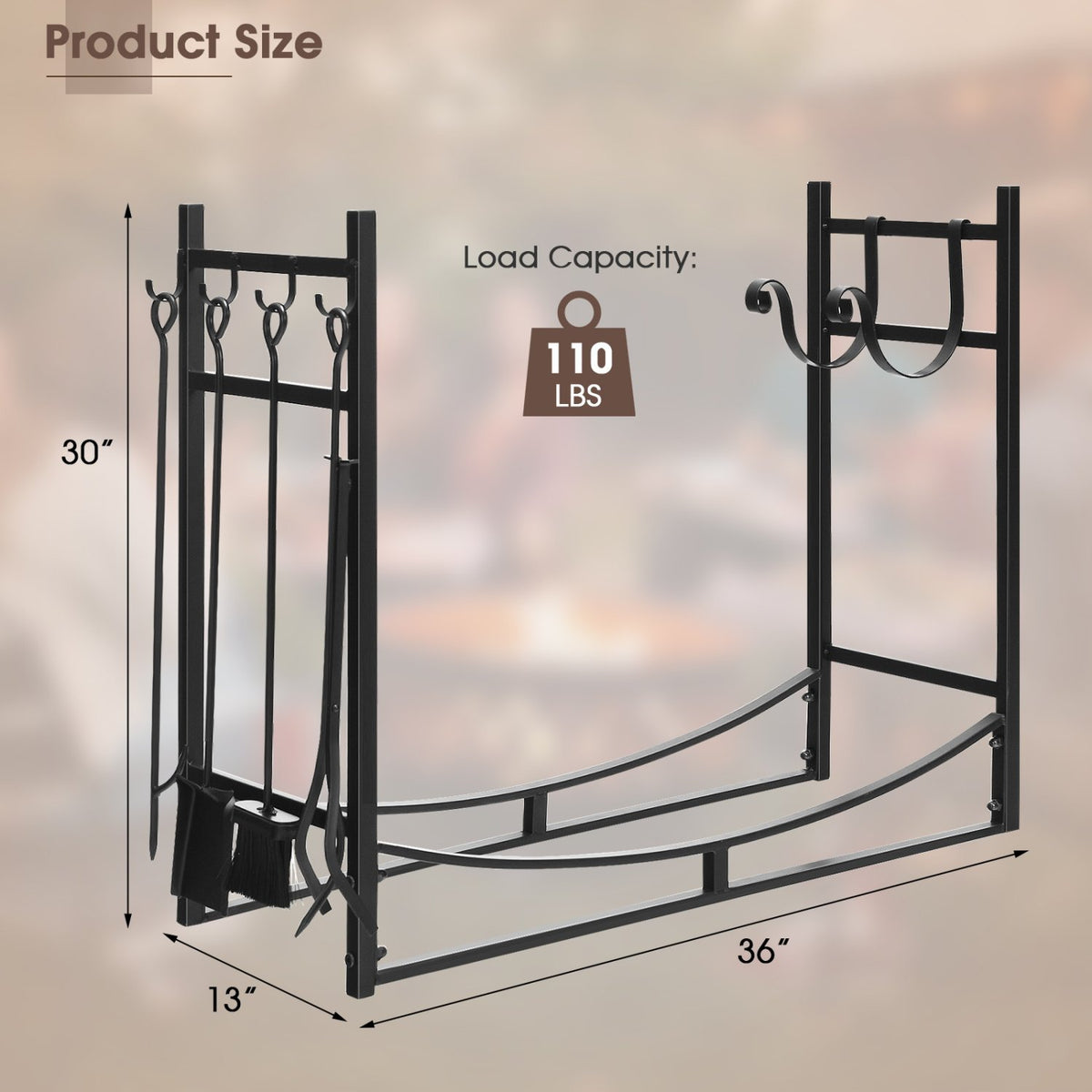 36 Inch Fireplace Log Holder with Kindling Holders and Shovel view 4
