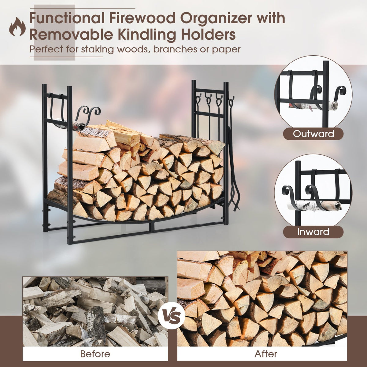 36 Inch Fireplace Log Holder with Kindling Holders and Shovel view 5