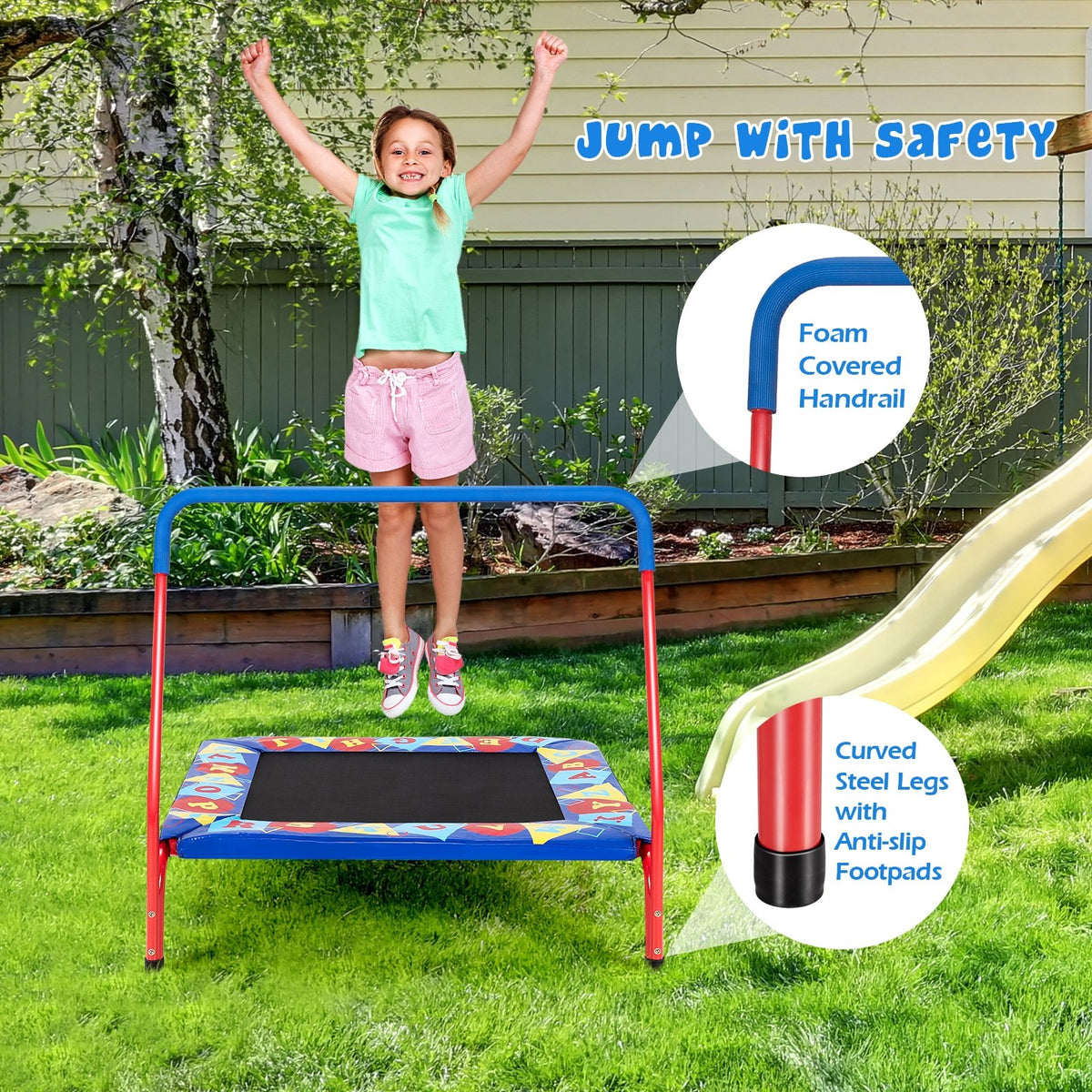 36 Inch Kids Indoor Outdoor Square Trampoline with Foamed Handrail-Blue view 3