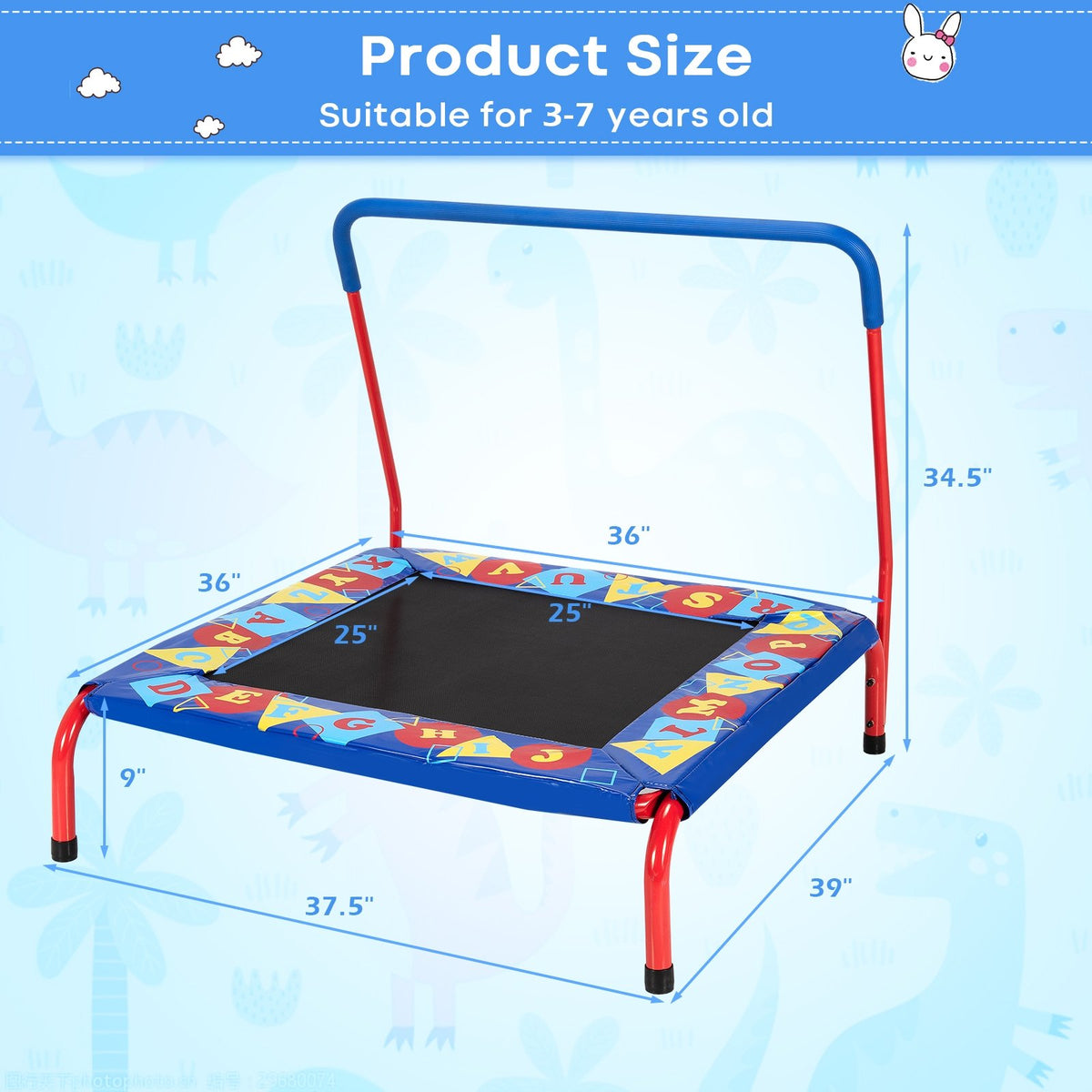 36 Inch Kids Indoor Outdoor Square Trampoline with Foamed Handrail-Blue view 4