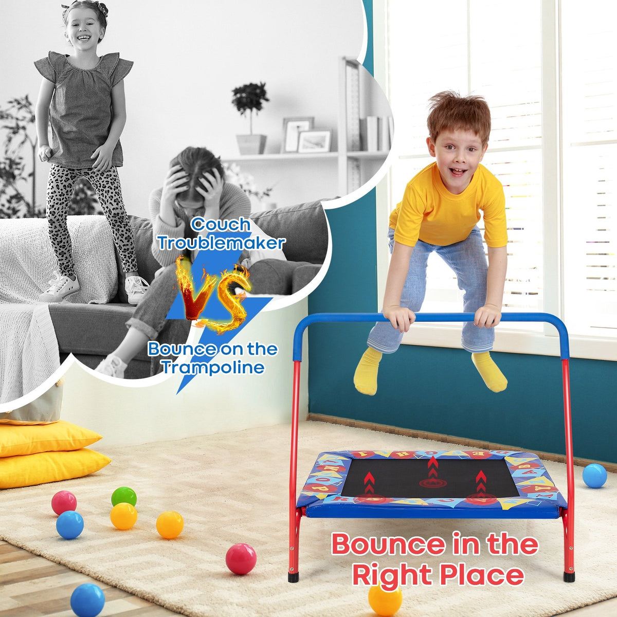 36 Inch Kids Indoor Outdoor Square Trampoline with Foamed Handrail-Blue view 9