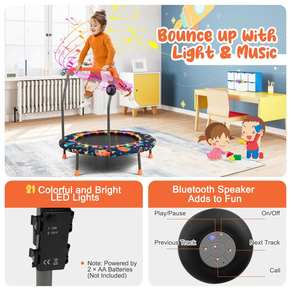 36 Inch Mini Trampoline with Colorful LED Lights and Bluetooth Speaker-Multicolor view 3