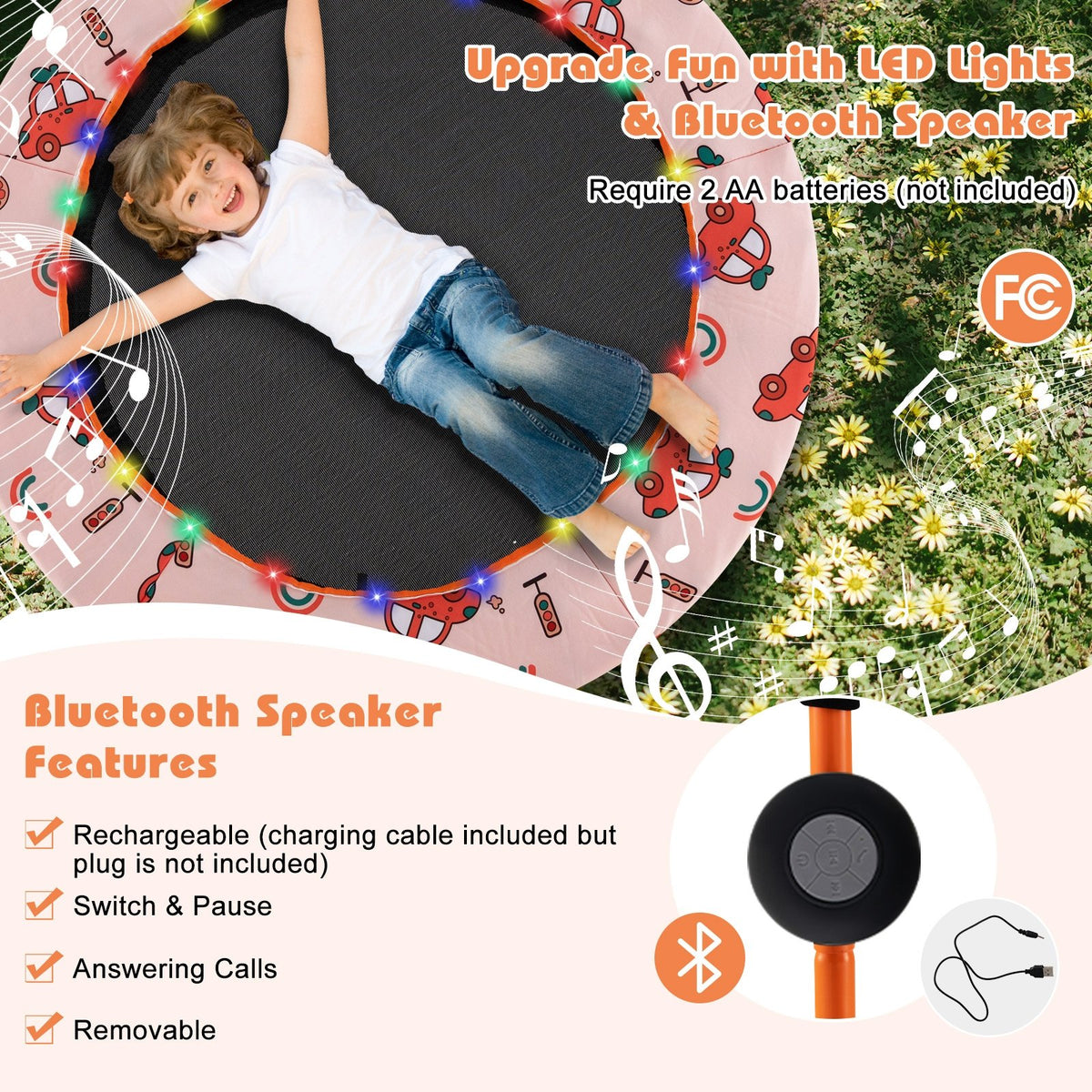 36 Inch Mini Trampoline with Colorful LED Lights and Bluetooth Speaker-Orange view 6