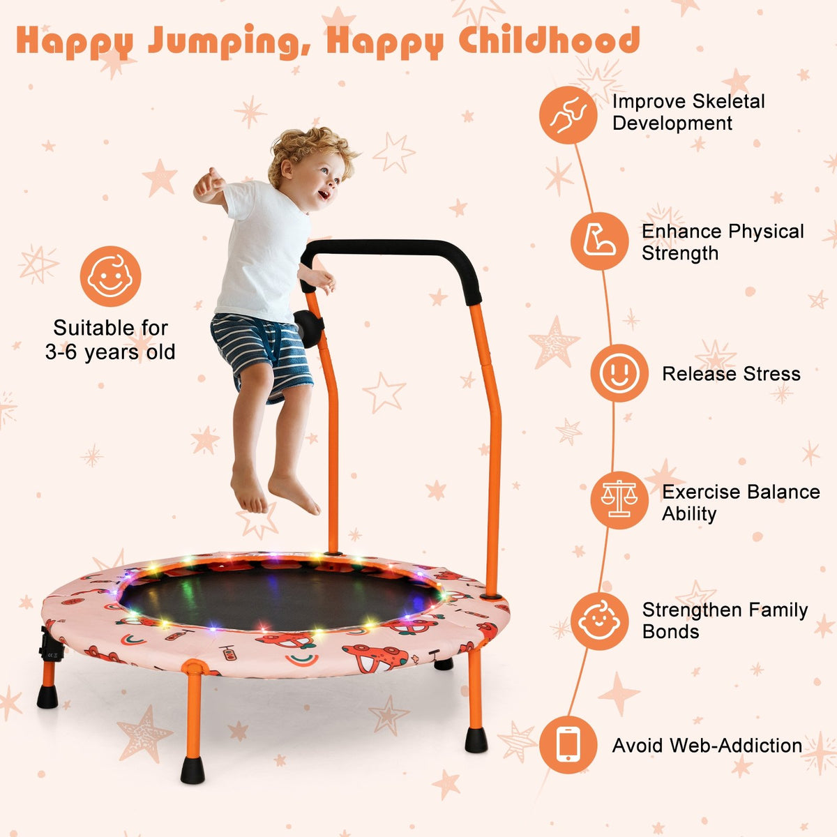 36 Inch Mini Trampoline with Colorful LED Lights and Bluetooth Speaker-Orange view 7