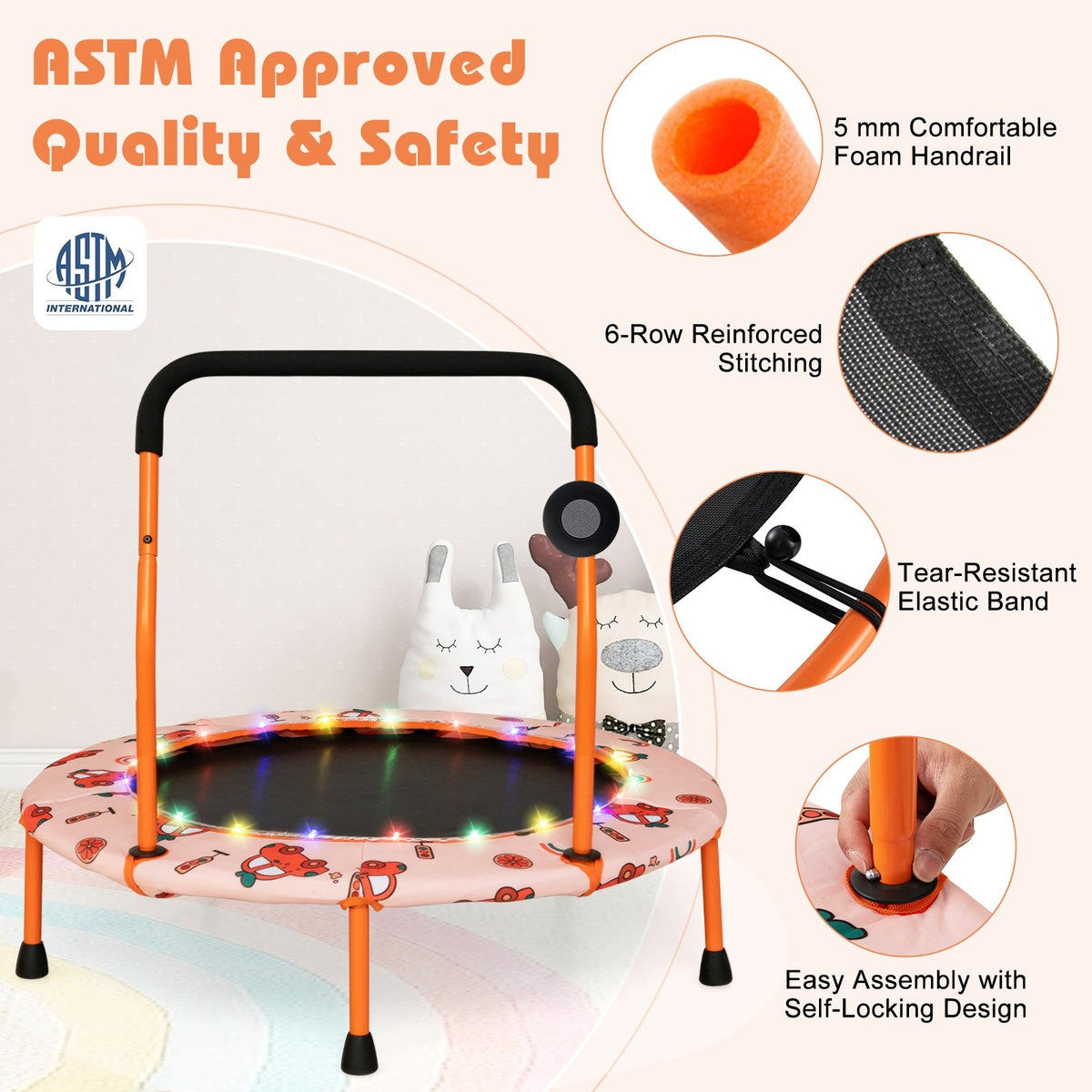 36 Inch Mini Trampoline with Colorful LED Lights and Bluetooth Speaker-Orange view 8