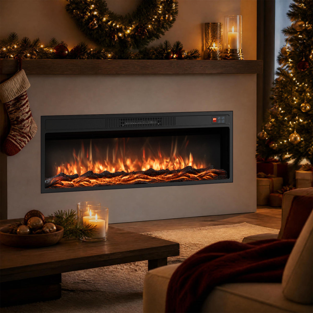 36 Inch Recessed Electric Fireplace Heater with Adjustable Flame Colors & Brightness view 3