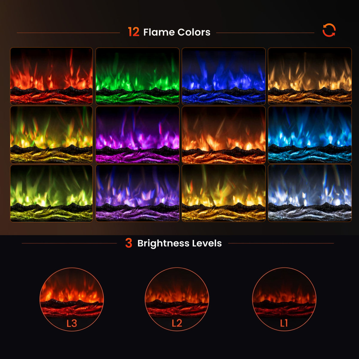 36 Inch Recessed Electric Fireplace Heater with Adjustable Flame Colors & Brightness view 5