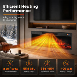 36 Inch Recessed Electric Fireplace Heater with Adjustable Flame Colors & Brightness view 6