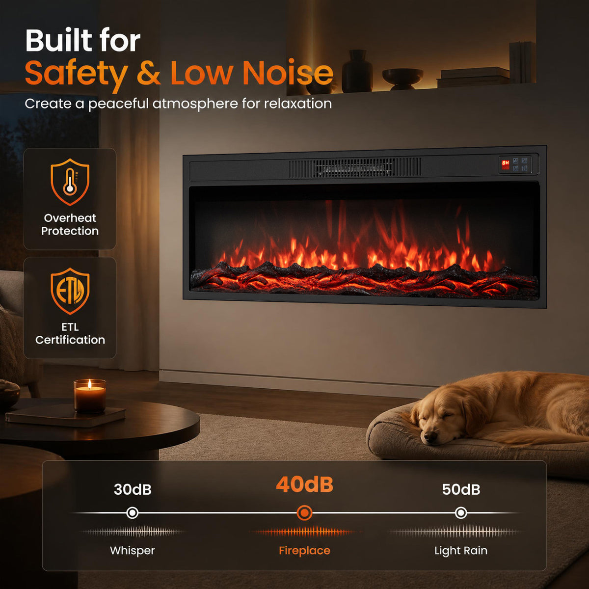 36 Inch Recessed Electric Fireplace Heater with Adjustable Flame Colors & Brightness view 9