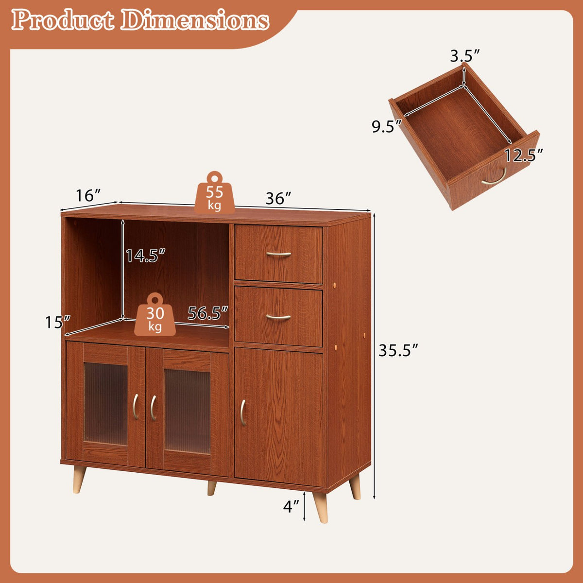 36 Inch Sideboard Buffet Cabinet with Open Compartment-Brown view 5