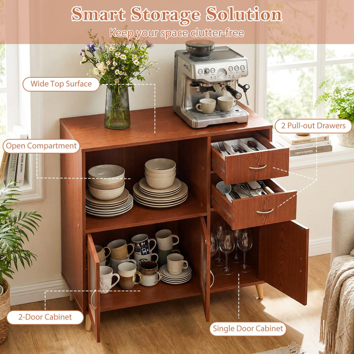 36 Inch Sideboard Buffet Cabinet with Open Compartment-Brown view 7