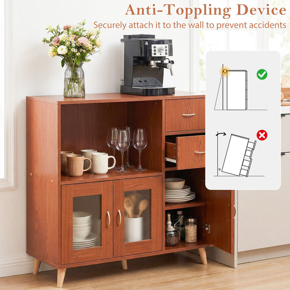 36 Inch Sideboard Buffet Cabinet with Open Compartment-Brown view 9