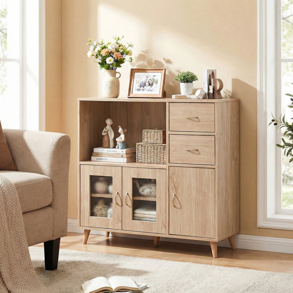 36 Inch Sideboard Buffet Cabinet with Open Compartment-Natural view 2