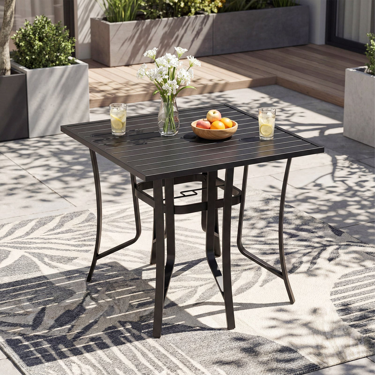 36 Inch Square Patio Table for 4 Metal Dining Table with Umbrella Hole-Black view 2