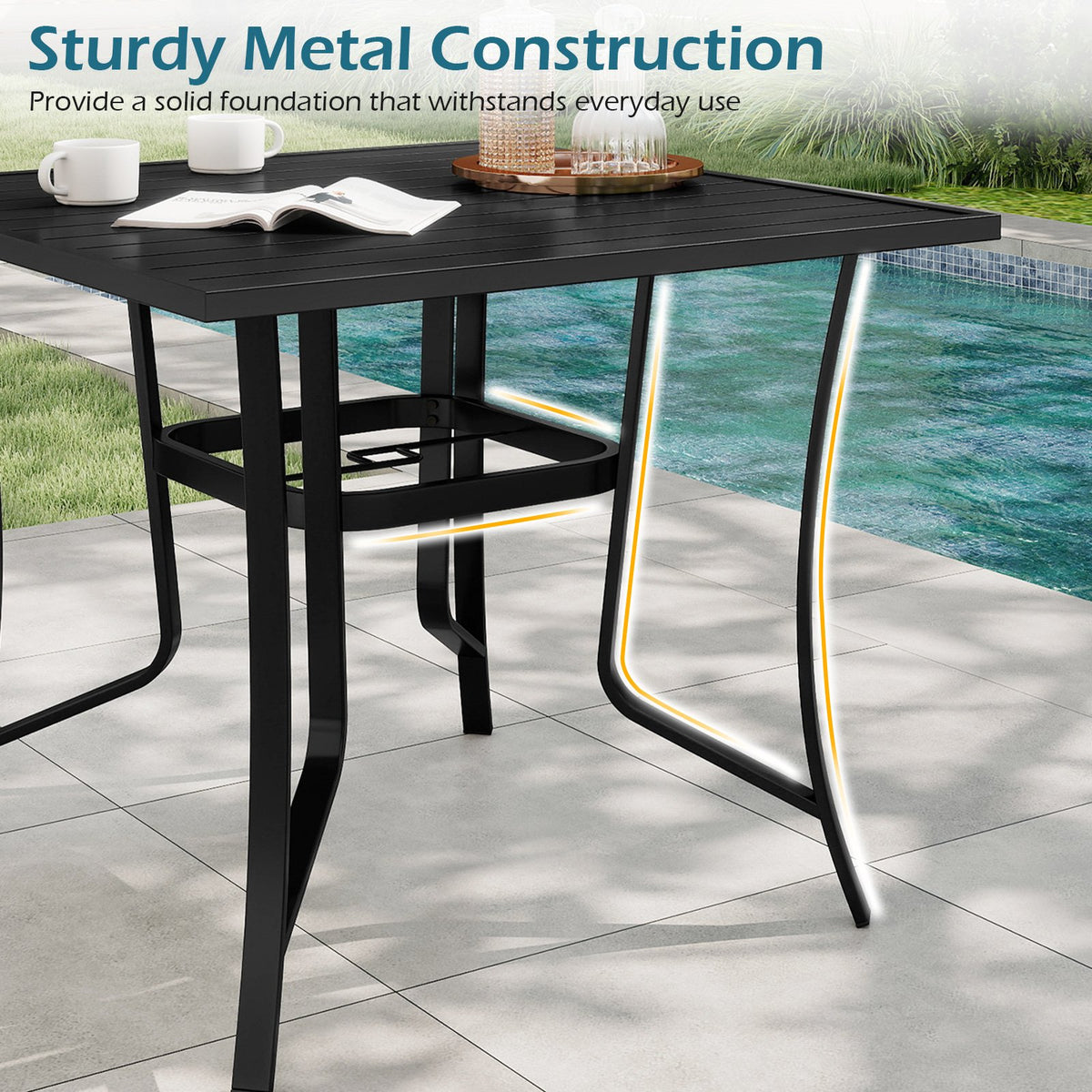 36 Inch Square Patio Table for 4 Metal Dining Table with Umbrella Hole-Black view 7