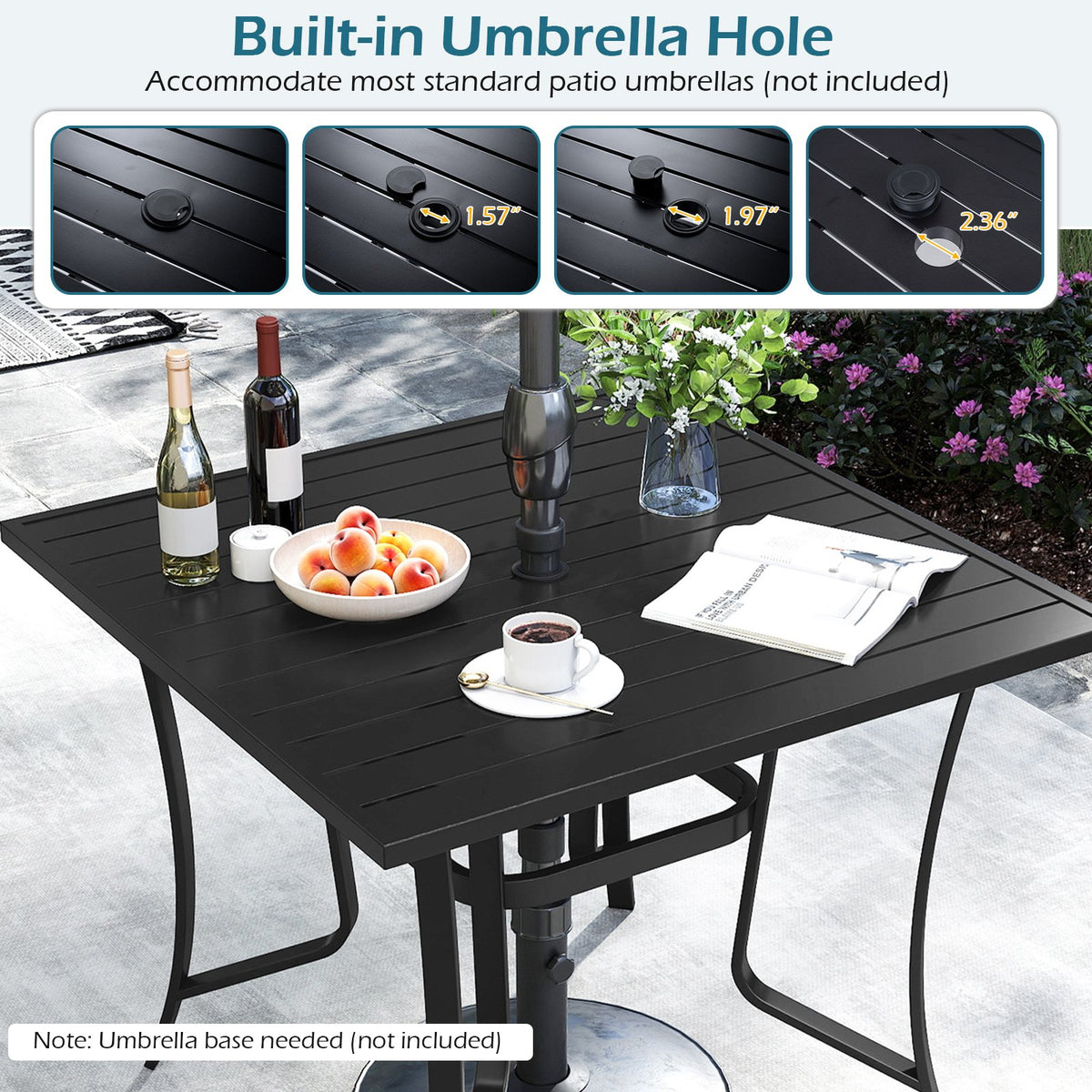 36 Inch Square Patio Table for 4 Metal Dining Table with Umbrella Hole-Black view 8