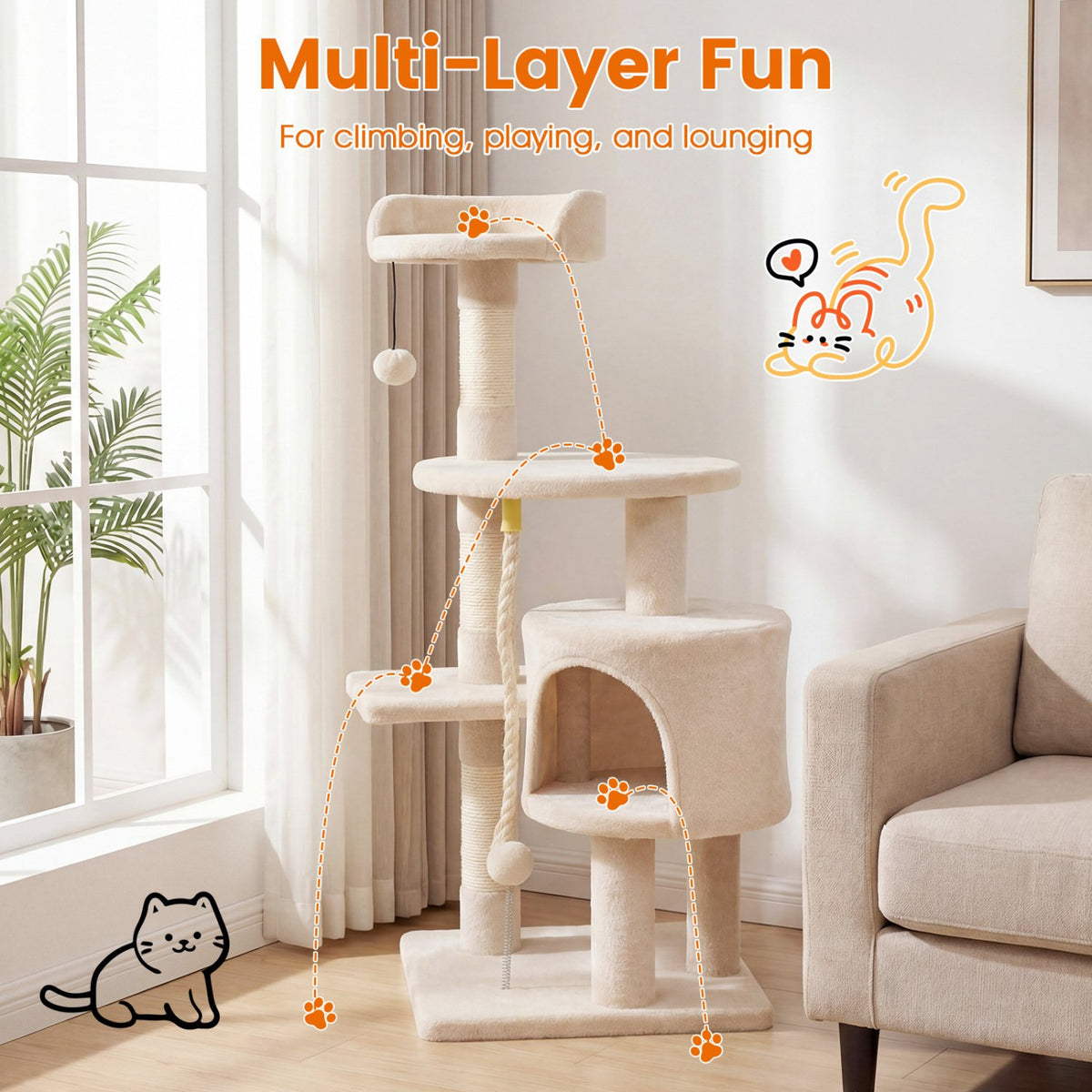 36 Inch Tall Kitten Tower with Condo and Plush Perch-Beige view 6