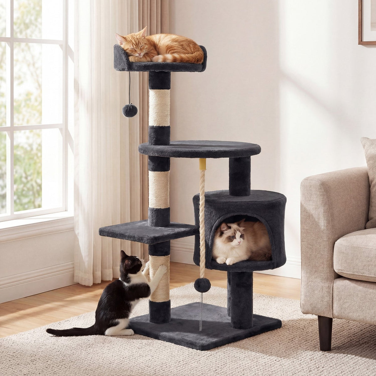 36 Inch Tall Kitten Tower with Condo and Plush Perch-Dark Gray view 2