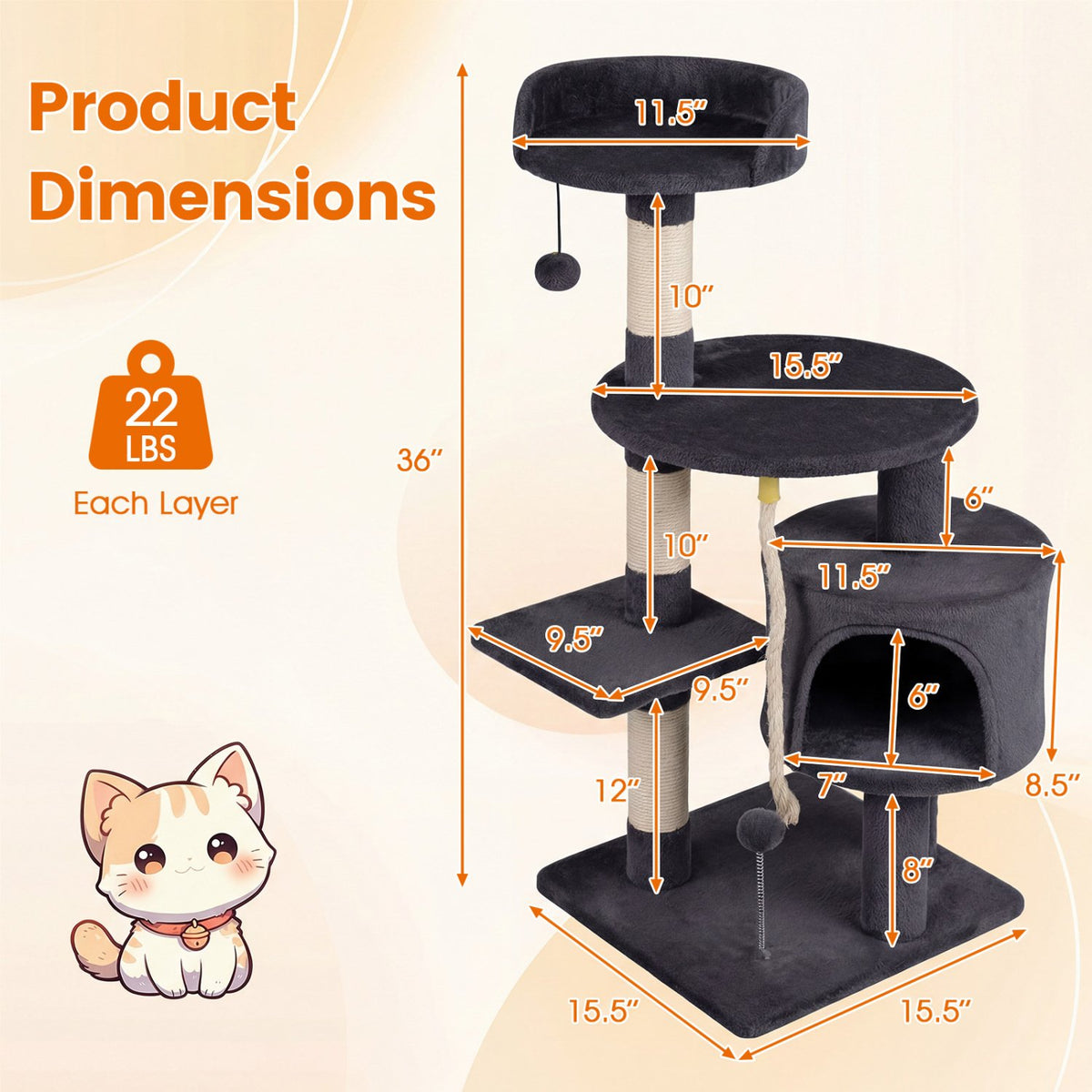 36 Inch Tall Kitten Tower with Condo and Plush Perch-Dark Gray view 5