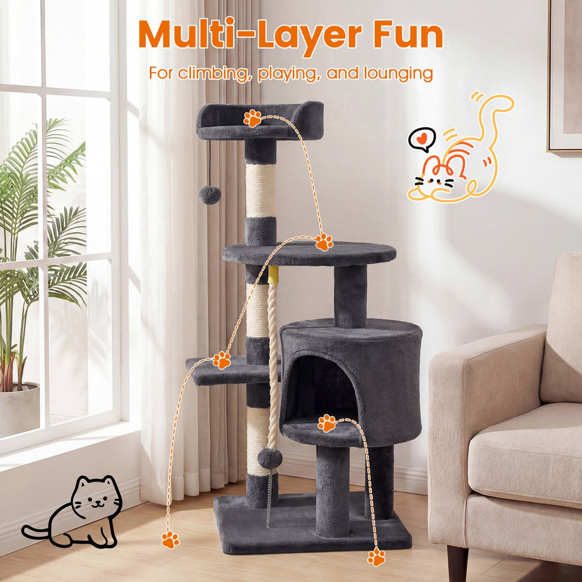 36 Inch Tall Kitten Tower with Condo and Plush Perch-Dark Gray view 6