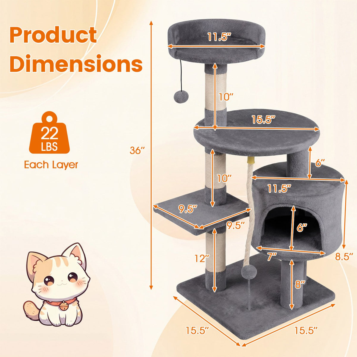 36 Inch Tall Kitten Tower with Condo and Plush Perch-Light Gray view 5