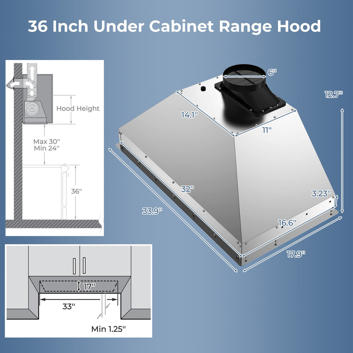 36 Inch Under Cabinet Range Hood with 4 Fan Speeds and Baffles Filters-Silver view 2