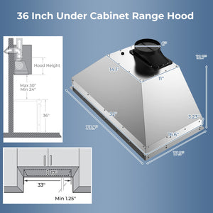 36 Inch Under Cabinet Range Hood with 4 Fan Speeds and Baffles Filters-Silver view 2