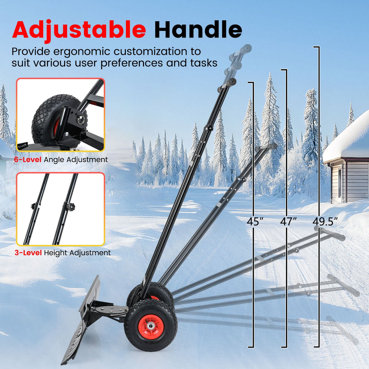 36 Inches Snow Shovel with Wheels and Adjustable Angle-Black view 6