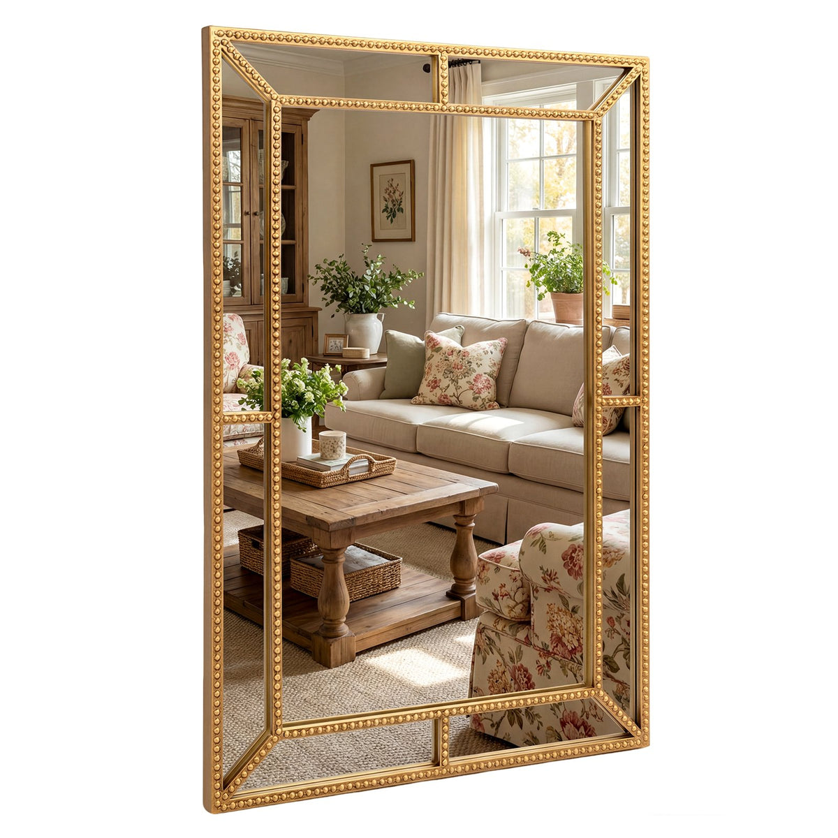 36 x 24 Inch Gold Wall Mirror with Beaded Frame for Living Room-Gold