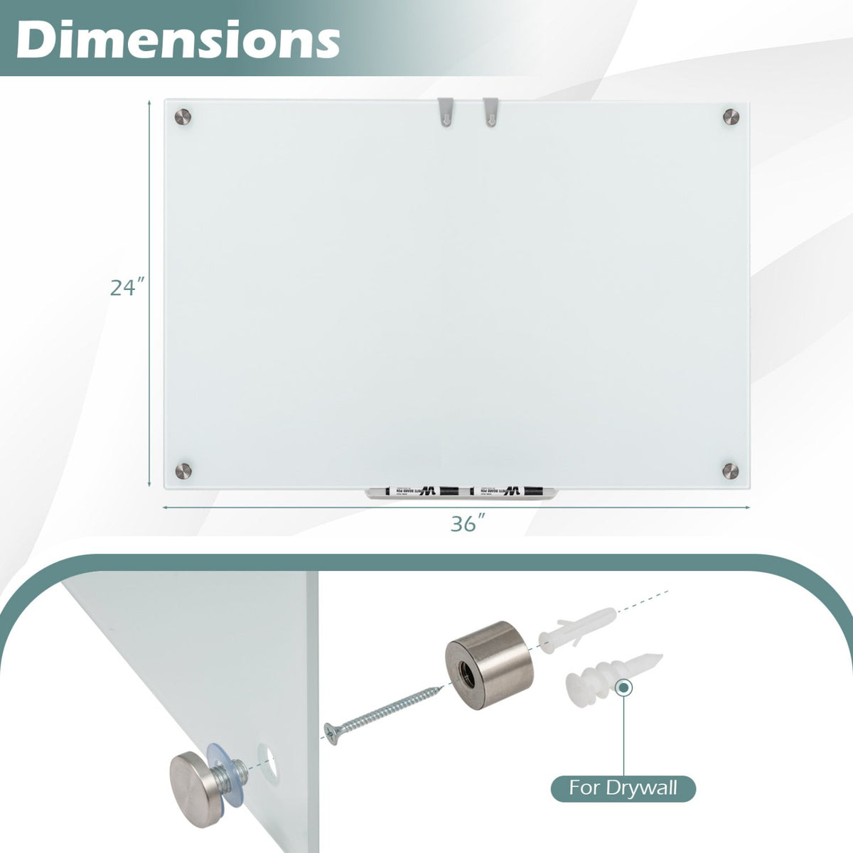 36 x 24 Inches Glass Whiteboard with Eraser and Removable Tray view 5