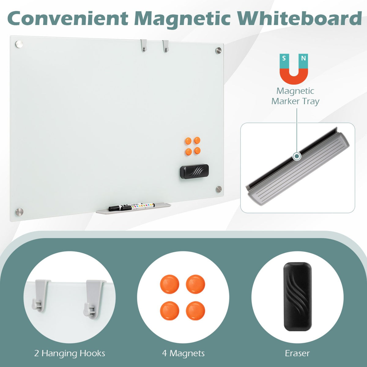 36 x 24 Inches Glass Whiteboard with Eraser and Removable Tray view 8