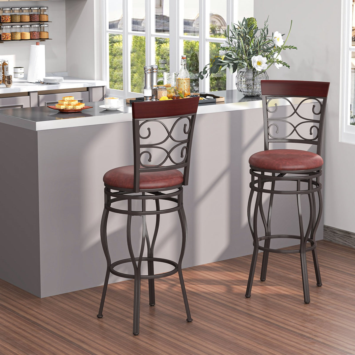 2 Pieces 30 Inch 360 Degree Swivel Bar Stools with Leather Padded Seat-Brown view 3