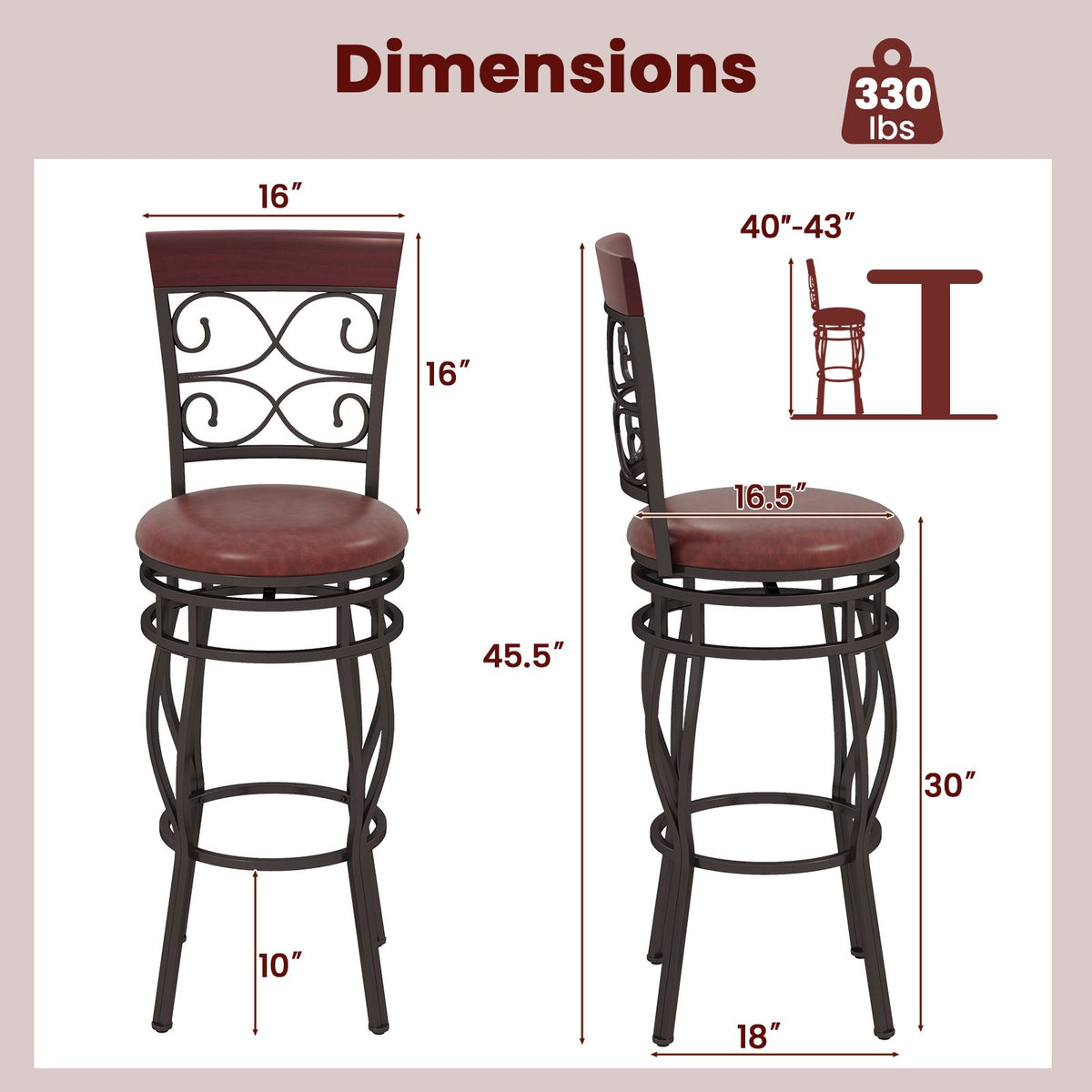 2 Pieces 30 Inch 360 Degree Swivel Bar Stools with Leather Padded Seat-Brown view 4
